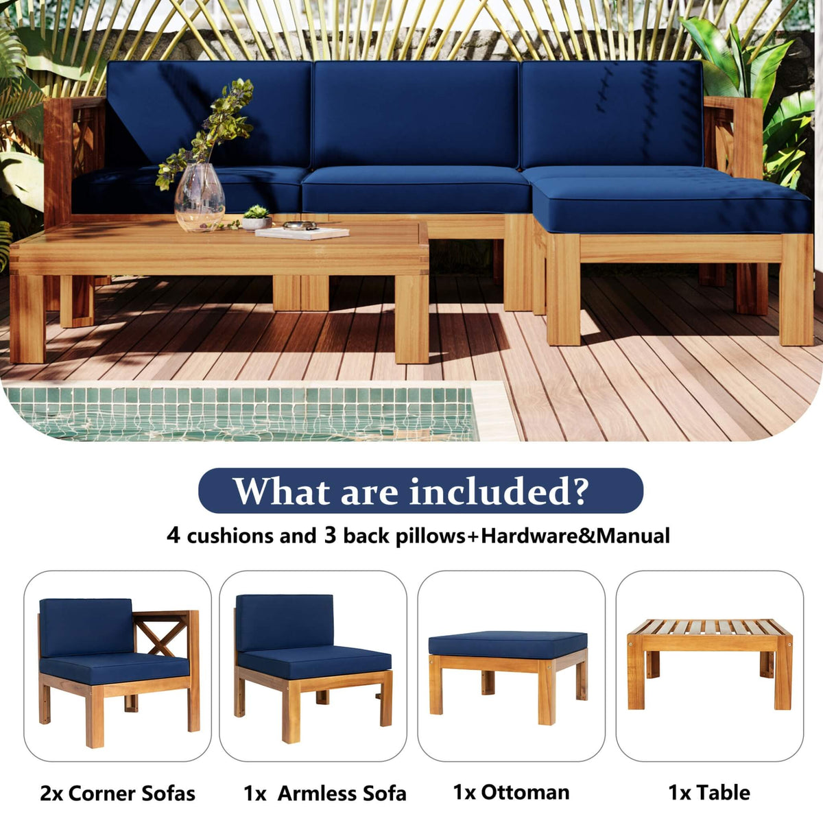 5-Piece Outdoor Hardwood X-Back Sectional Sofa Set with Cushions