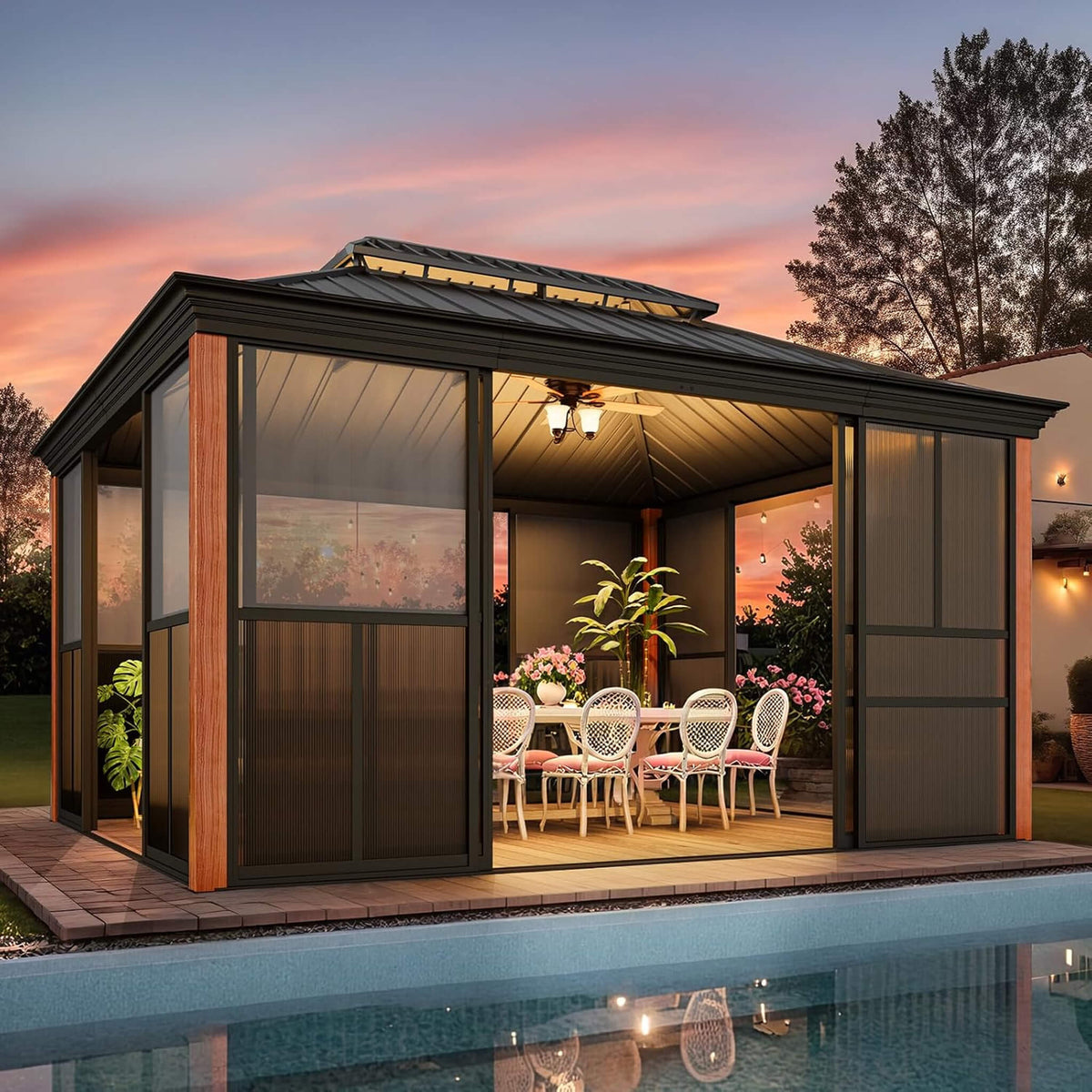 12x14ft All-Season Wood Grain Sunroom with Sliding Doors & Double Roof