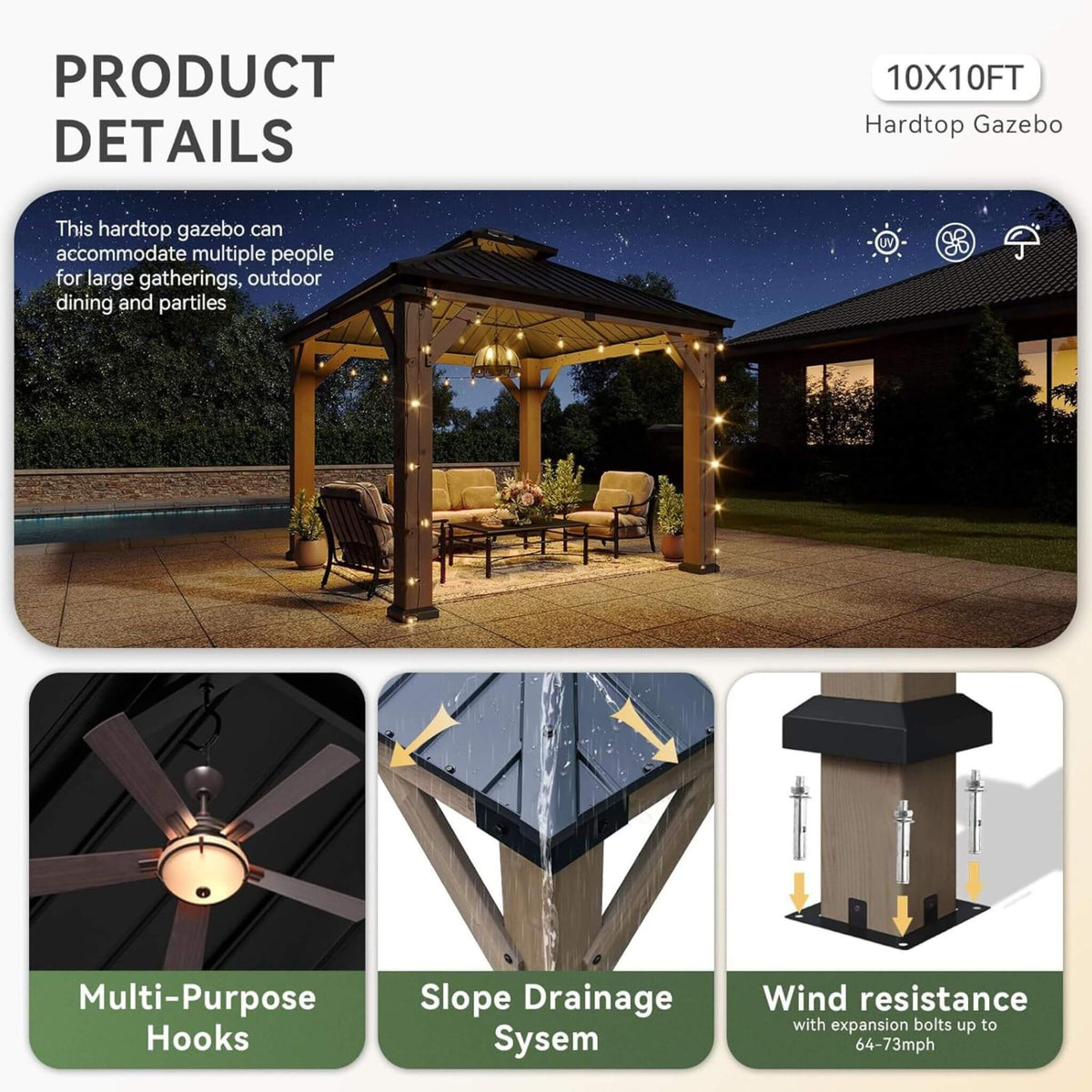 Premium Outdoor Cedar Wood Galvanized Steel Hardtop Gazebo