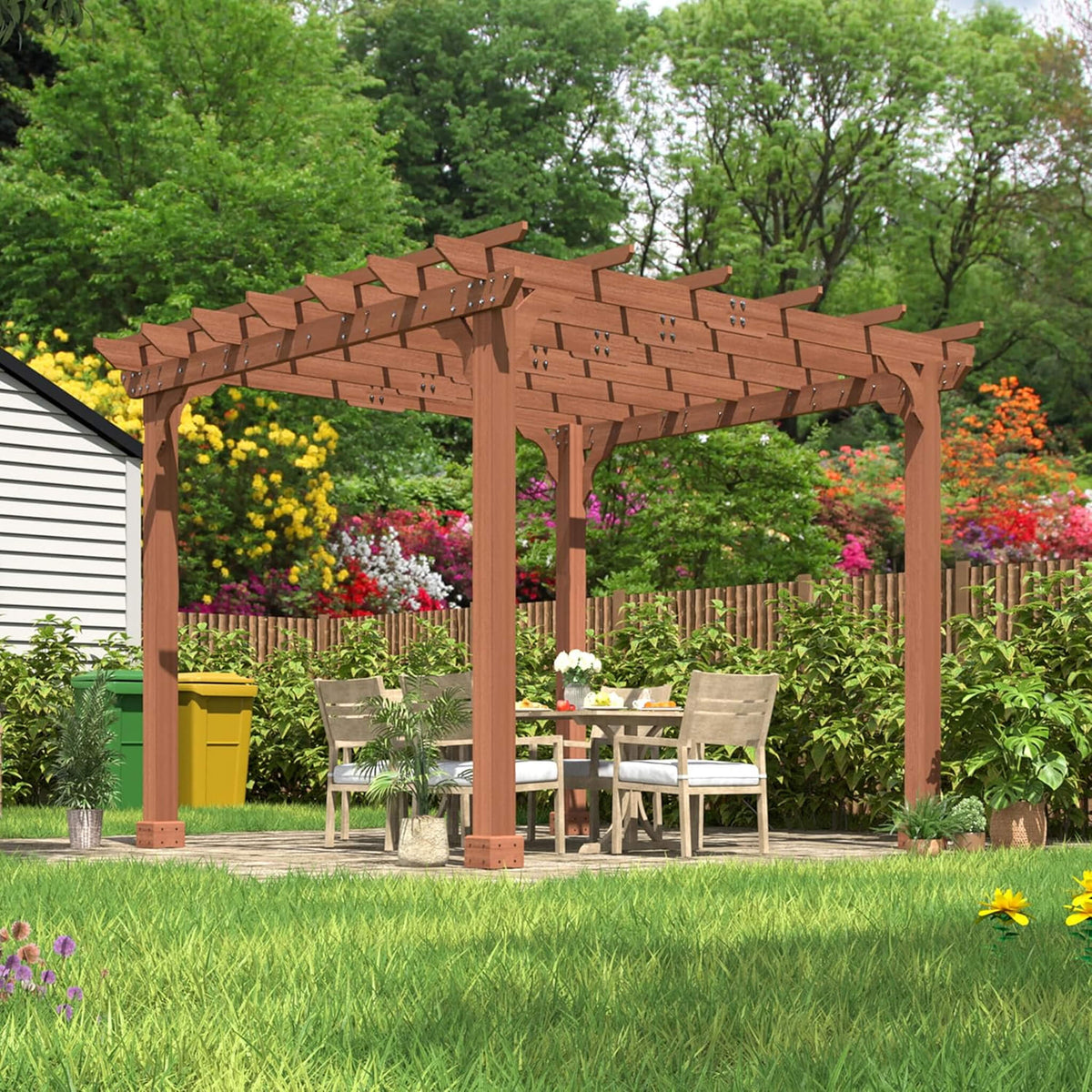 Outdoor Cedar Wood Patio Pergola with Slatted Trellis Roof