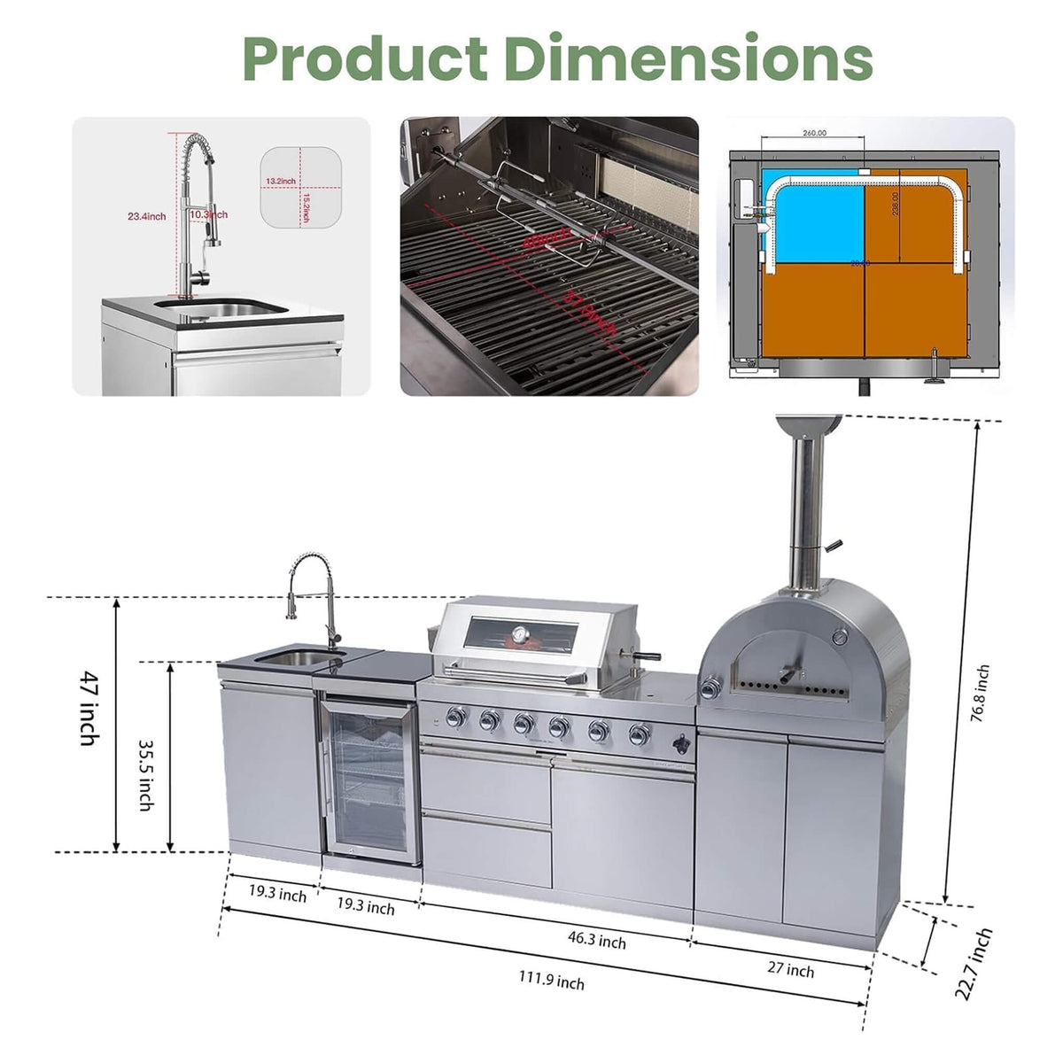 112-Inch 4-Burner 108,000 BTU Outdoor Kitchen Island with Pizza Oven & Rotisserie