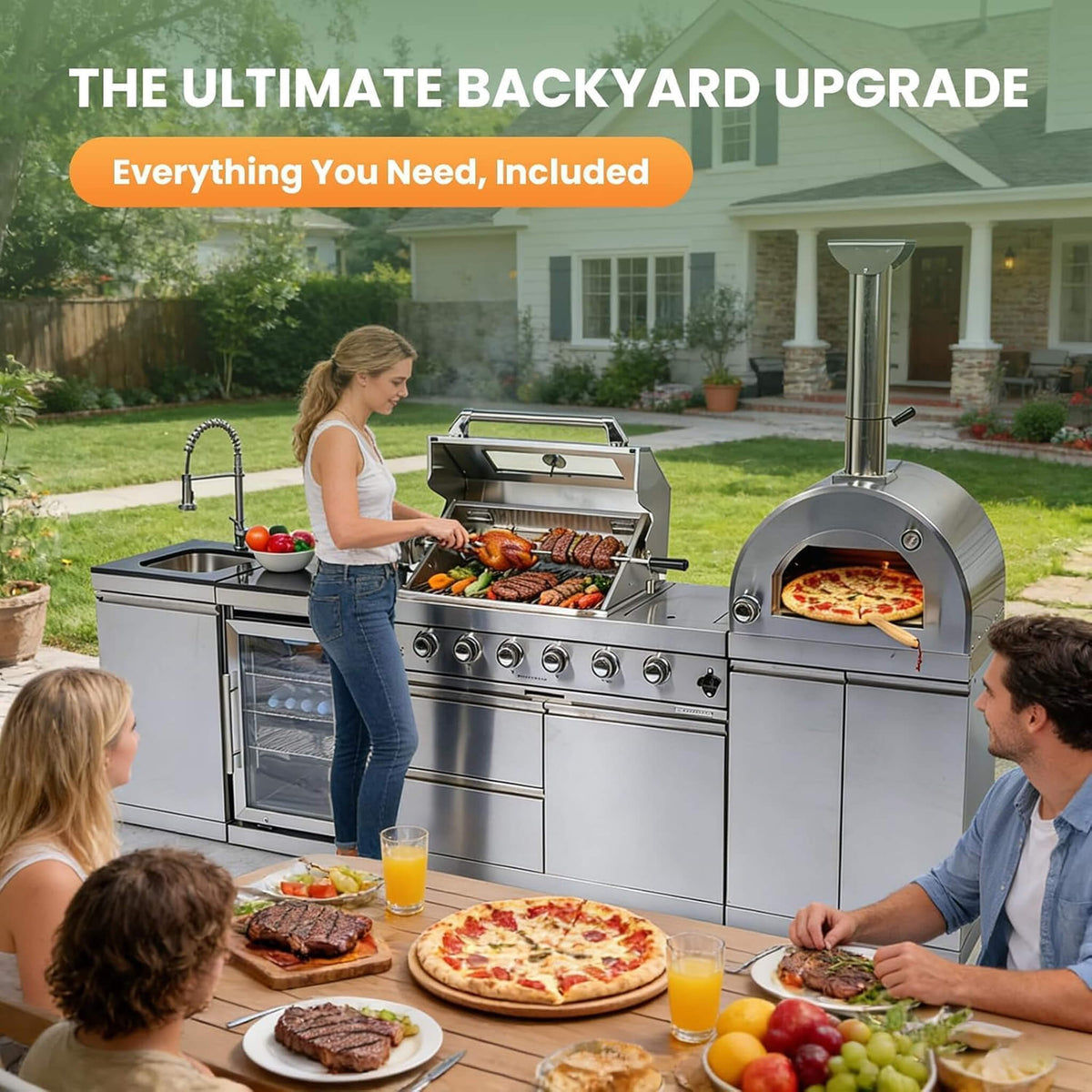 112-Inch 4-Burner 108,000 BTU Outdoor Kitchen Island with Pizza Oven & Rotisserie