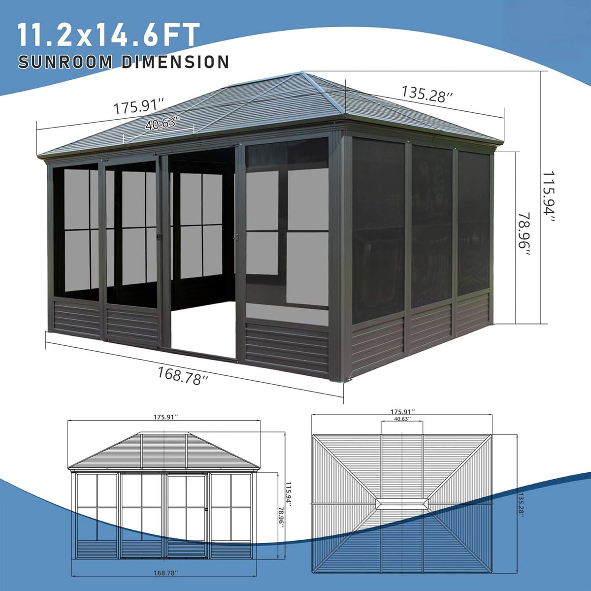 11x14ft Aluminum Hardtop Gazebo Sunroom with Sliding Doors & PVC Screens