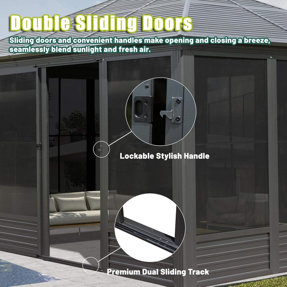 11x14ft Aluminum Hardtop Gazebo Sunroom with Sliding Doors & PVC Screens