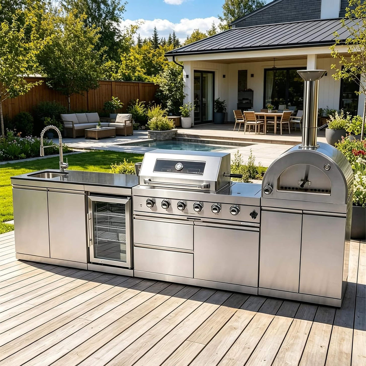 125-Inch 4-Burner 108,000 BTU Outdoor Kitchen Island with Pizza Oven & Rotisserie