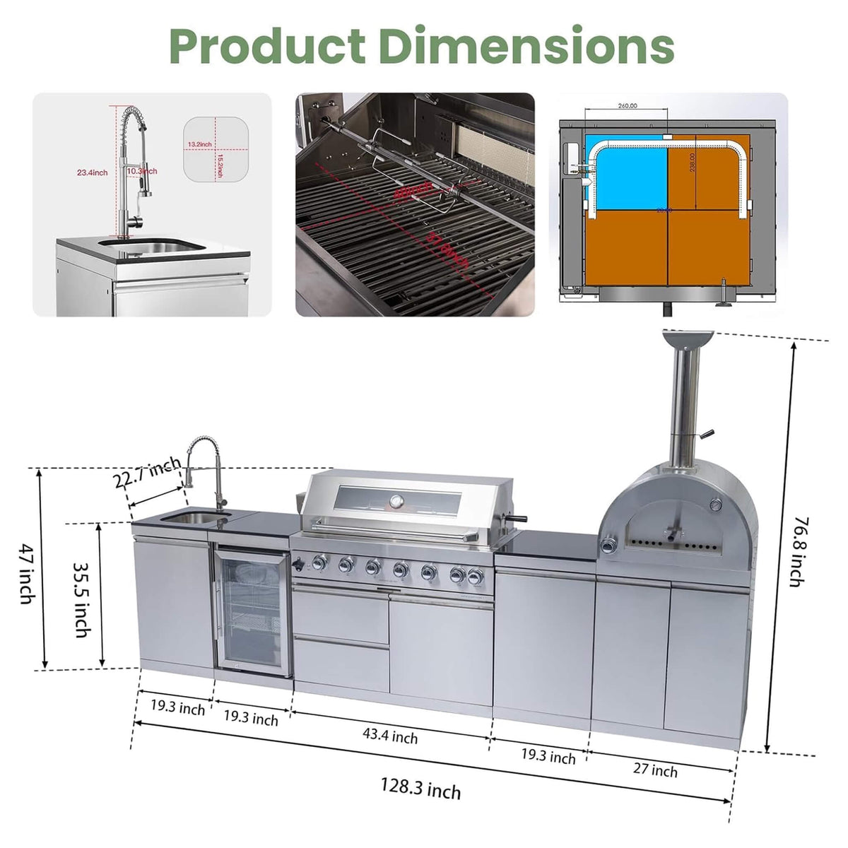 128-Inch 6-Burner 120,000 BTU Outdoor Kitchen Island with Pizza Oven & Rotisserie