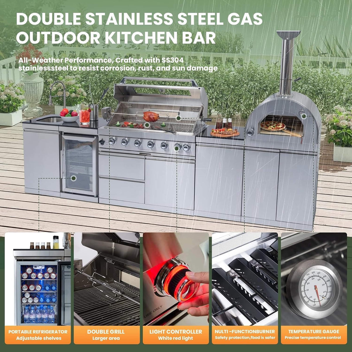 128-Inch 6-Burner 120,000 BTU Outdoor Kitchen Island with Pizza Oven & Rotisserie