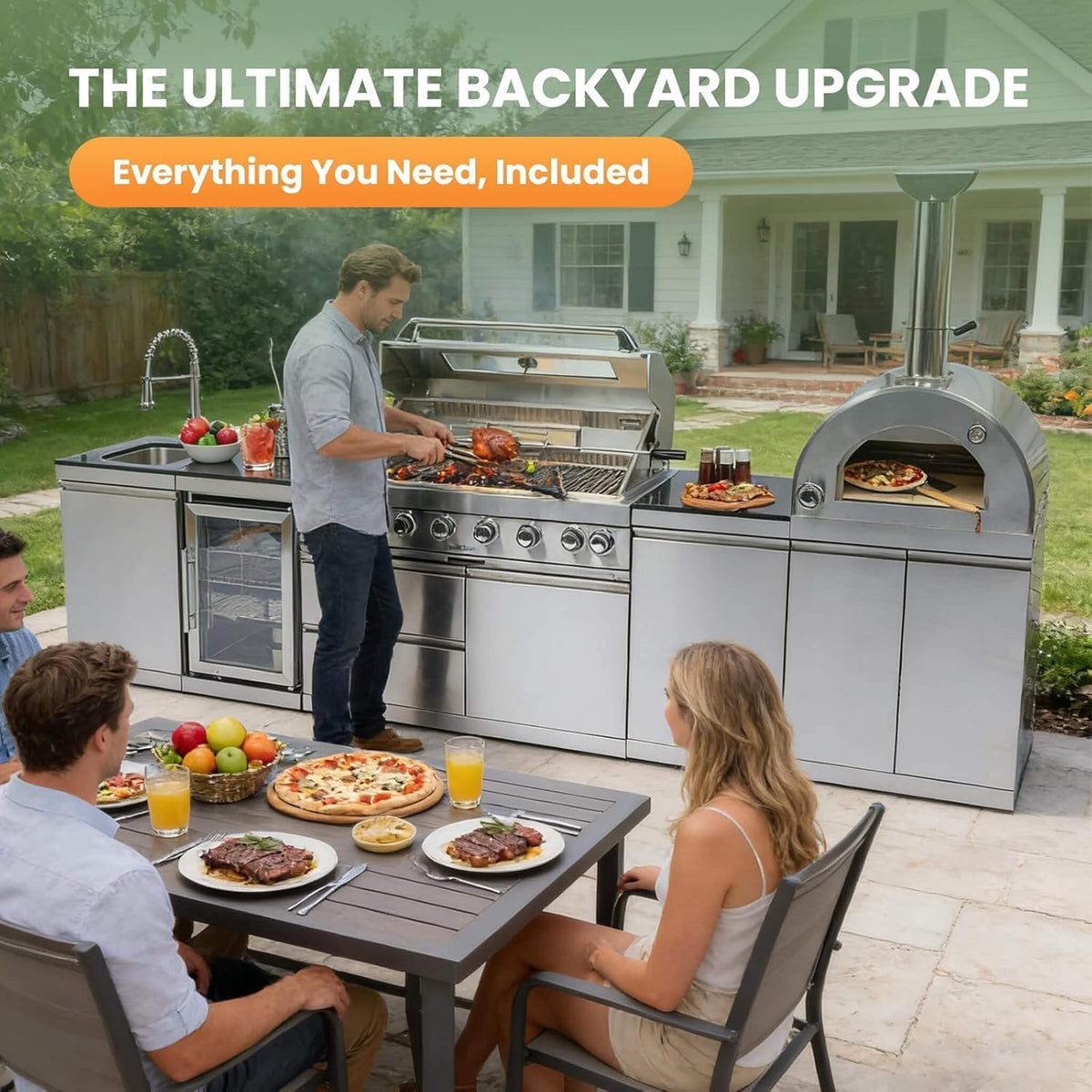 128-Inch 6-Burner 120,000 BTU Outdoor Kitchen Island with Pizza Oven & Rotisserie
