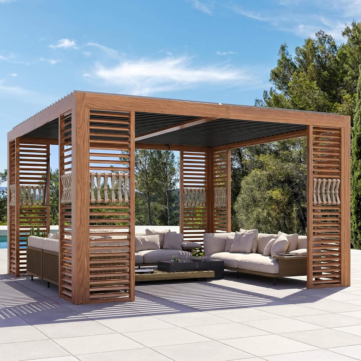 12x12ft Wood Grain Louvered Pergola with Integrated Drainage