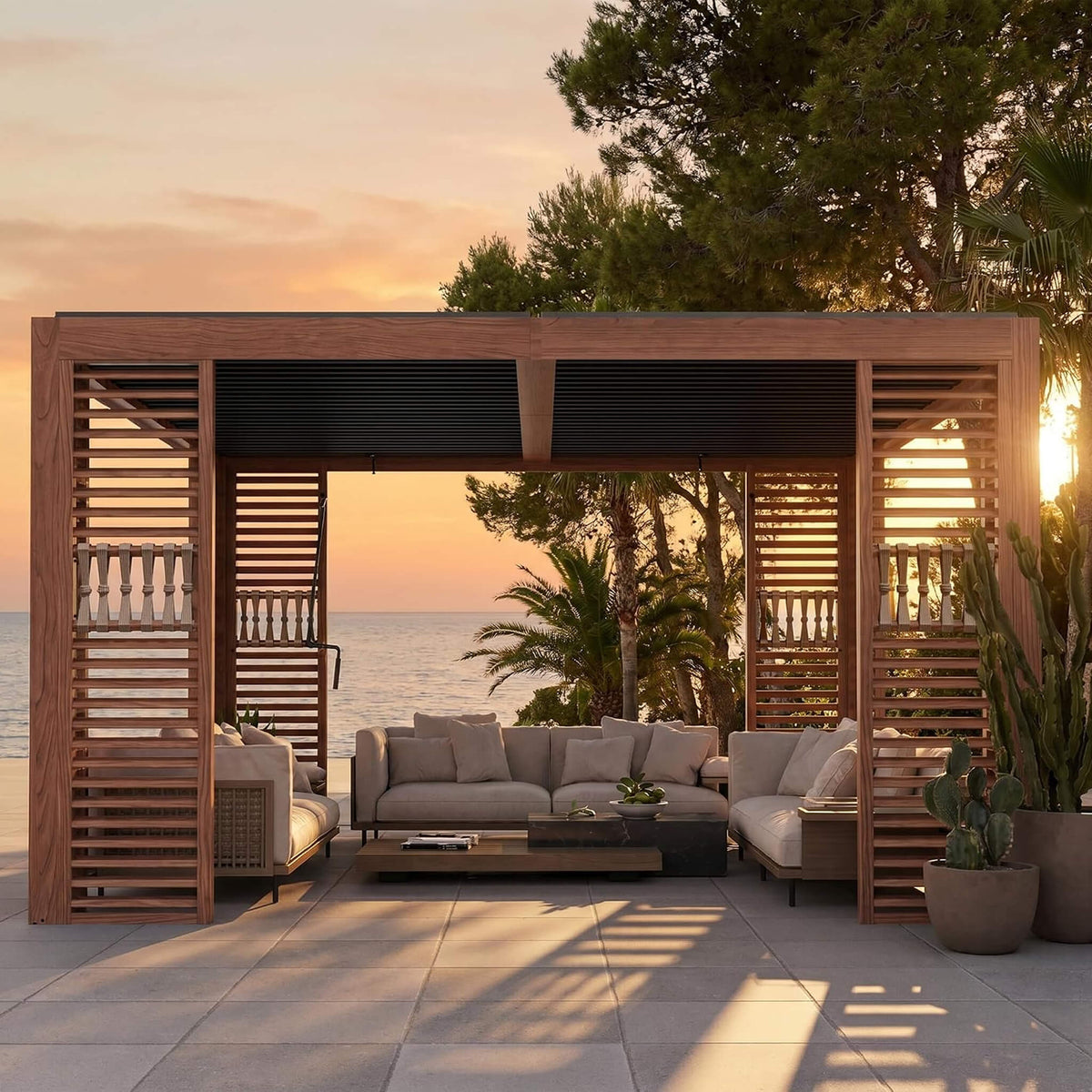 12x12ft Wood Grain Louvered Pergola with Integrated Drainage