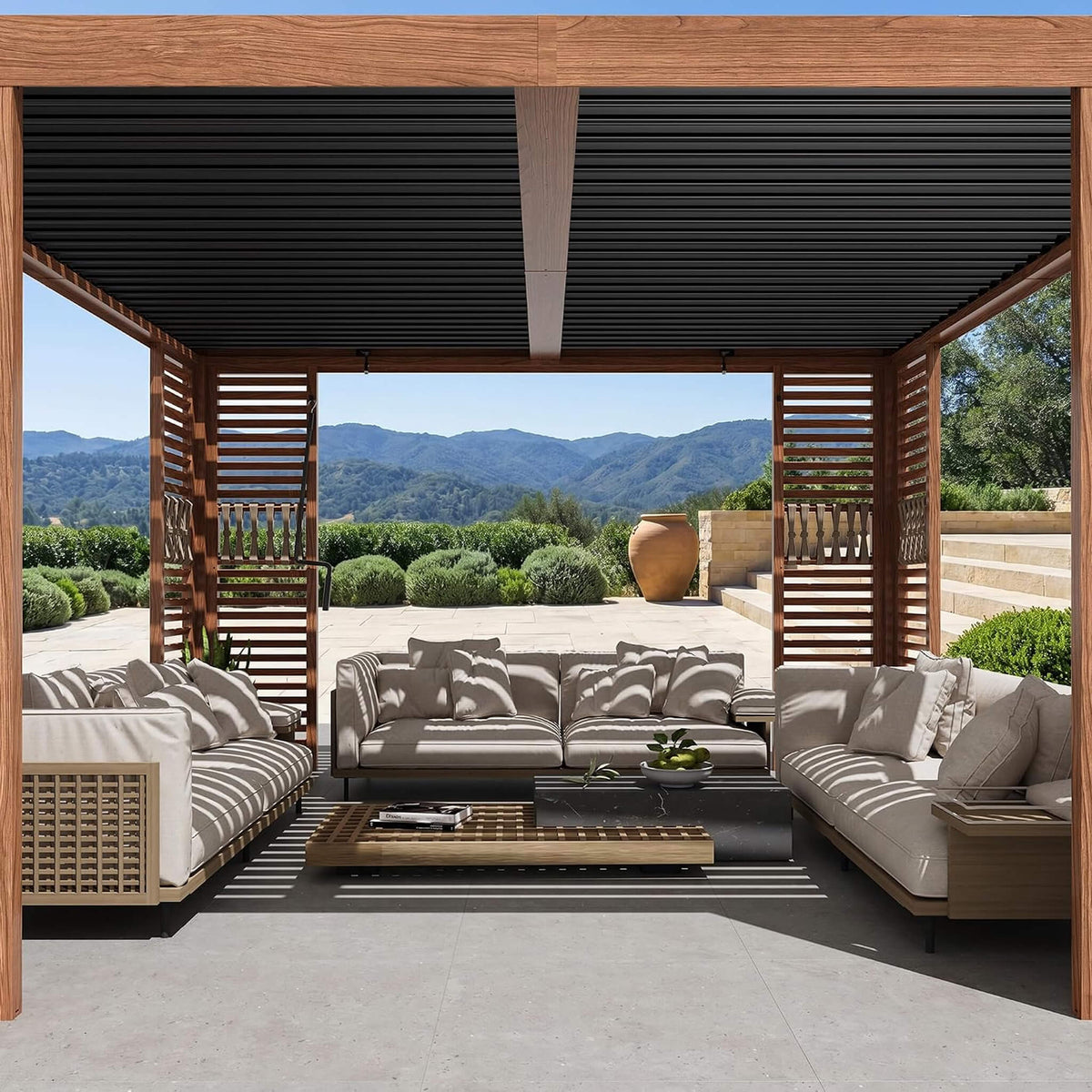 12x12ft Wood Grain Louvered Pergola with Integrated Drainage