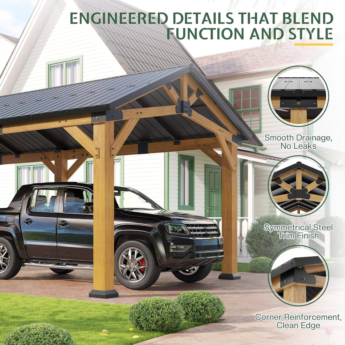 12x24ft Large Heavy-Duty Cedar Wood Hardtop Carport with Galvanized Steel Roof