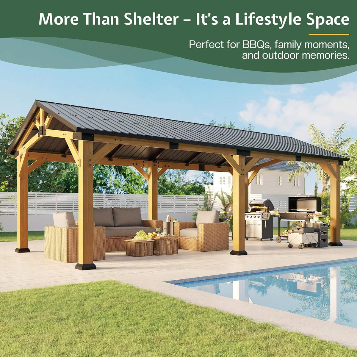 12x24ft Large Heavy-Duty Cedar Wood Hardtop Carport with Galvanized Steel Roof