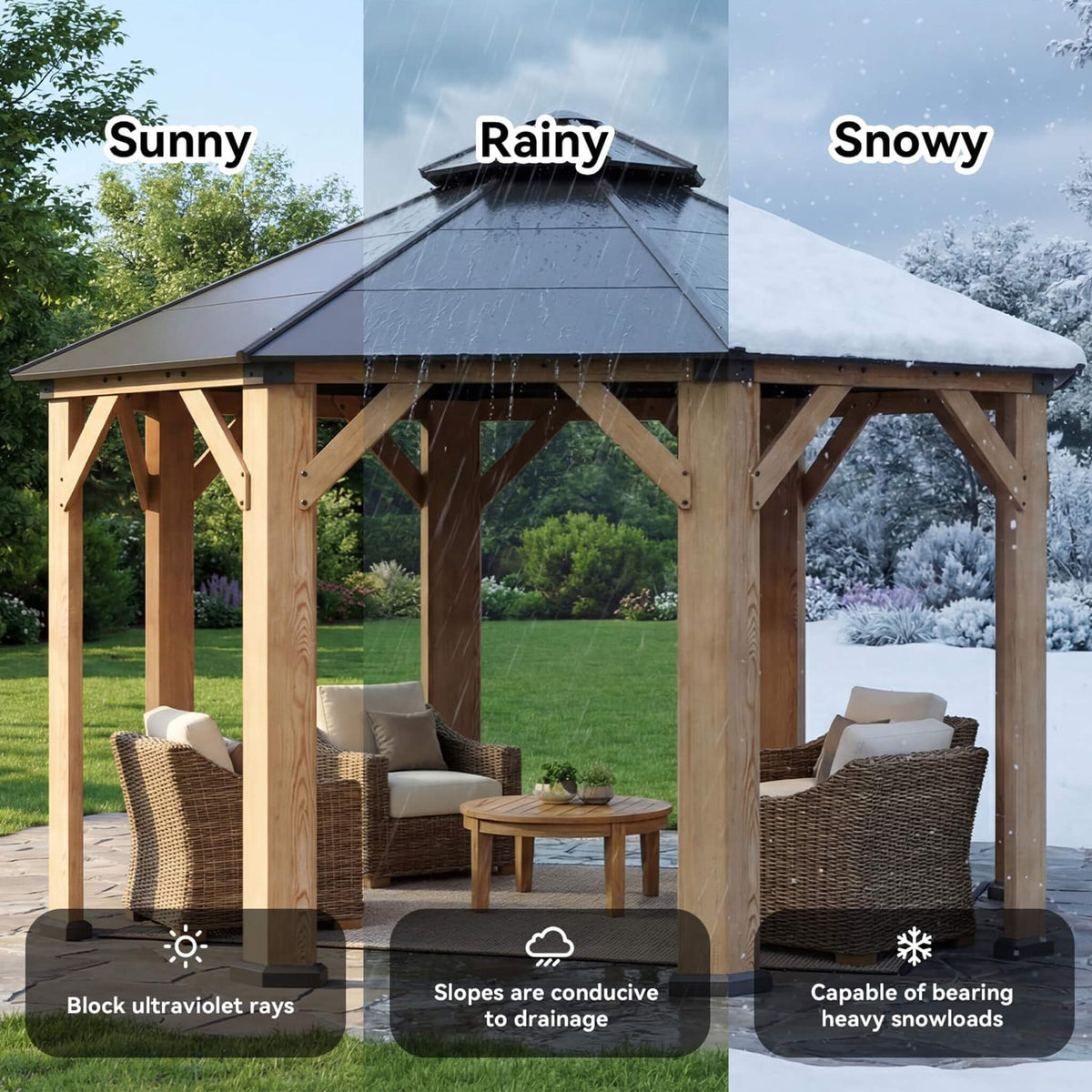 13x13ft Cedar Wood Galvanized Steel Hardtop Double Roof Gazebo