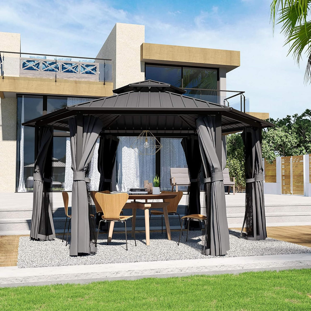 13x15ft Hardtop Hexagonal Gazebo with Curtains & Netting