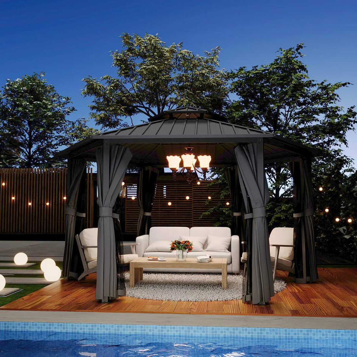 13x15ft Hardtop Hexagonal Gazebo with Curtains & Netting