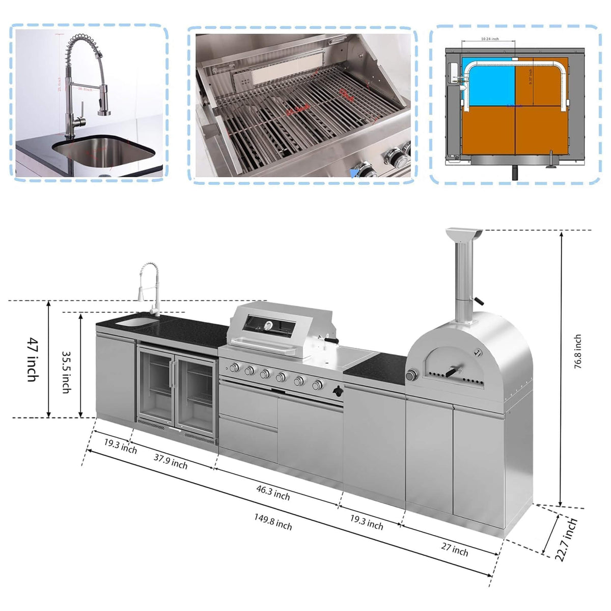 150-Inch 4-Burner 108,000 BTU Outdoor Kitchen Island with Pizza Oven & Rotisserie