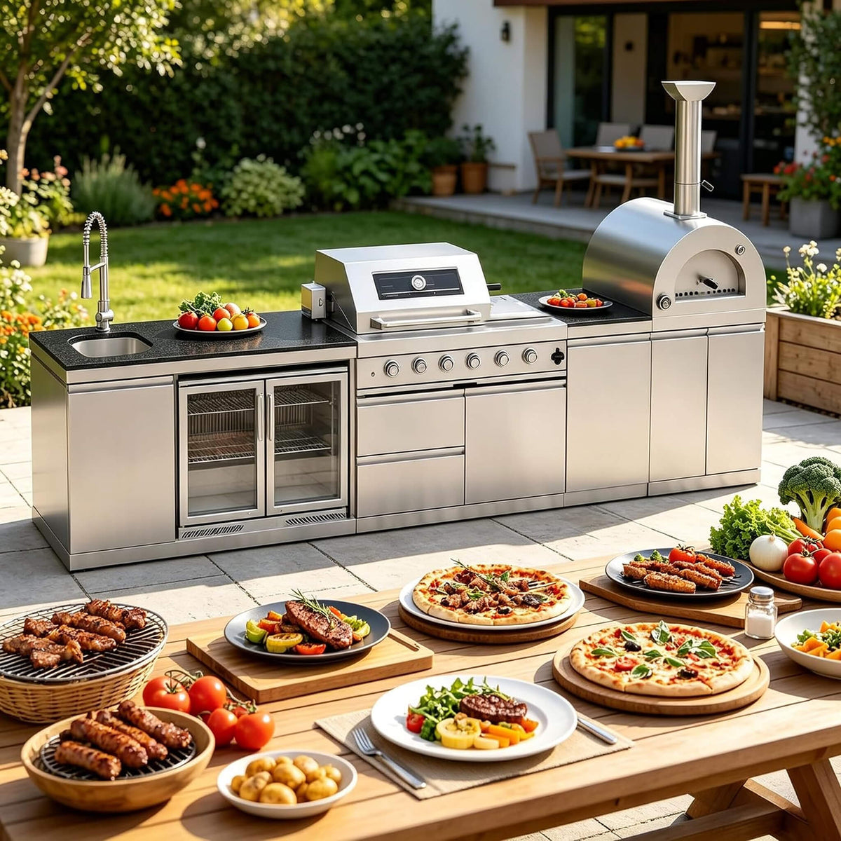 150-Inch 4-Burner 108,000 BTU Outdoor Kitchen Island with Pizza Oven & Rotisserie