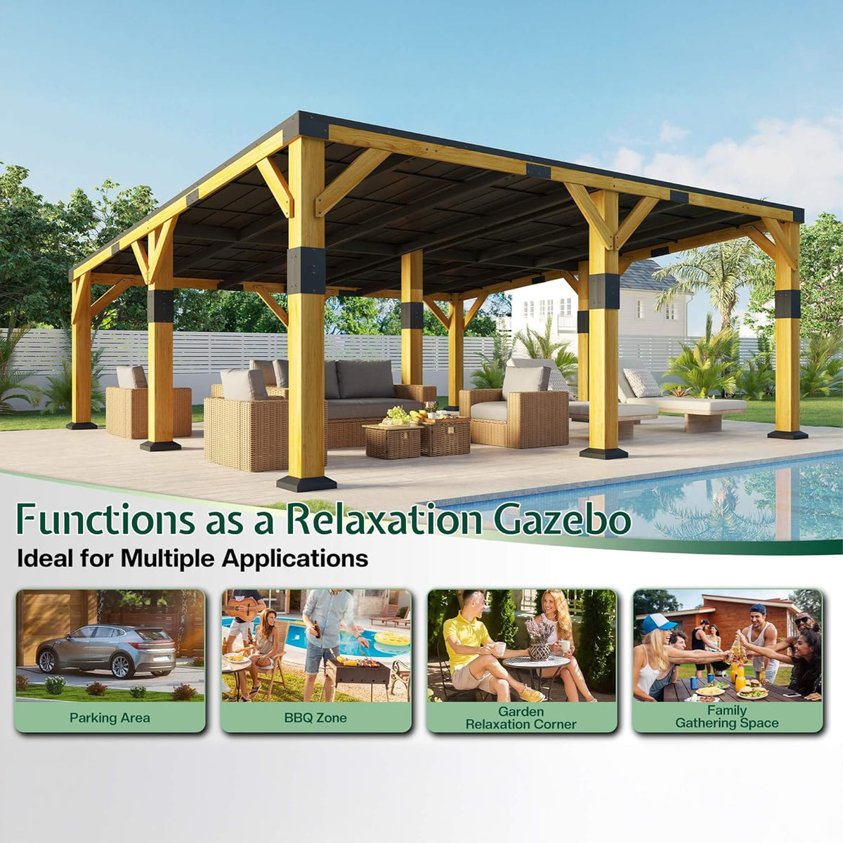 20x20ft Heavy-Duty Cedar Wood Carport with Galvanized Steel Roof