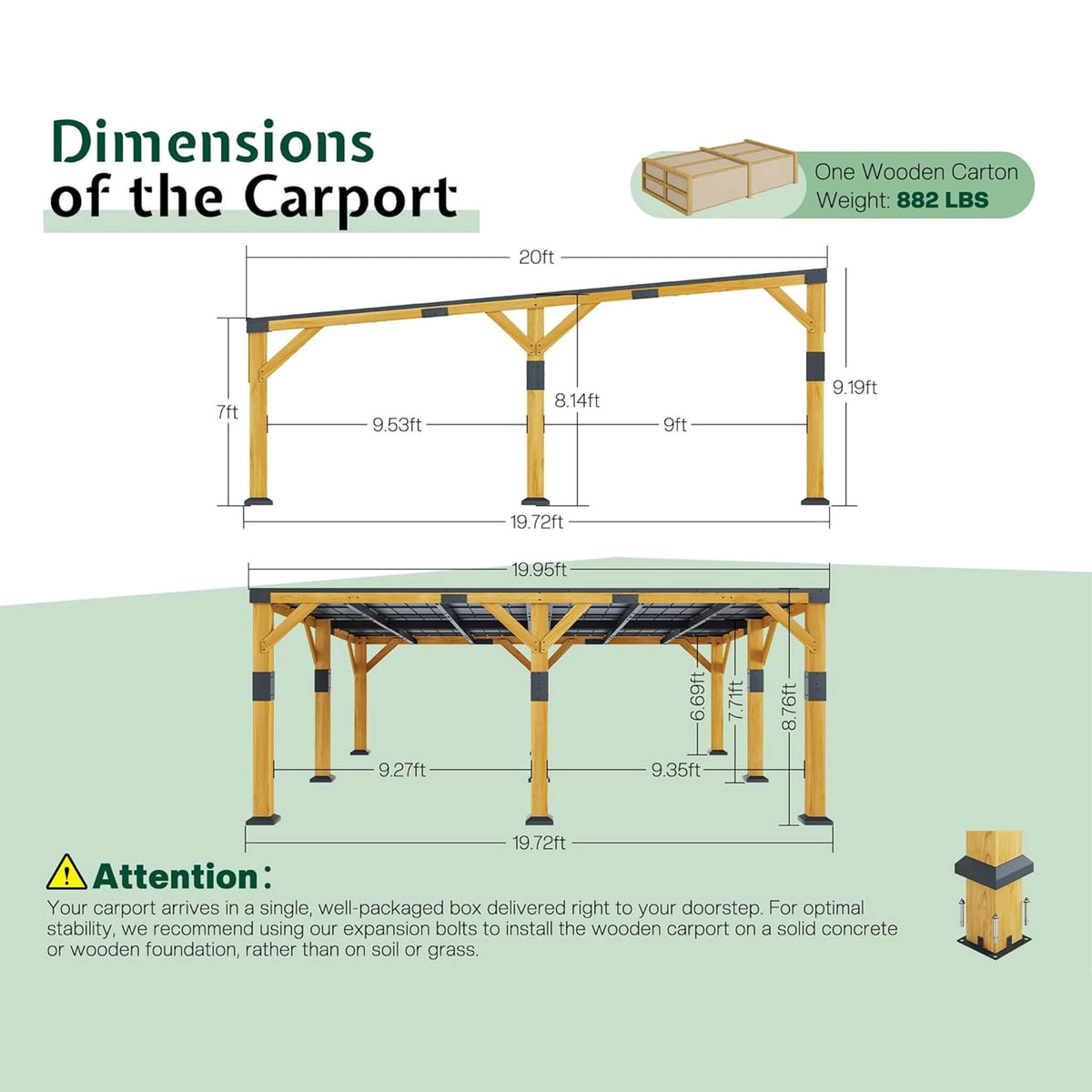 20x20ft Heavy-Duty Cedar Wood Carport with Galvanized Steel Roof