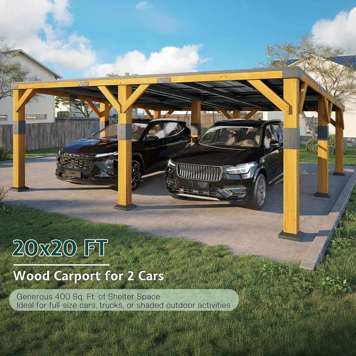 20x20ft Heavy-Duty Cedar Wood Carport with Galvanized Steel Roof
