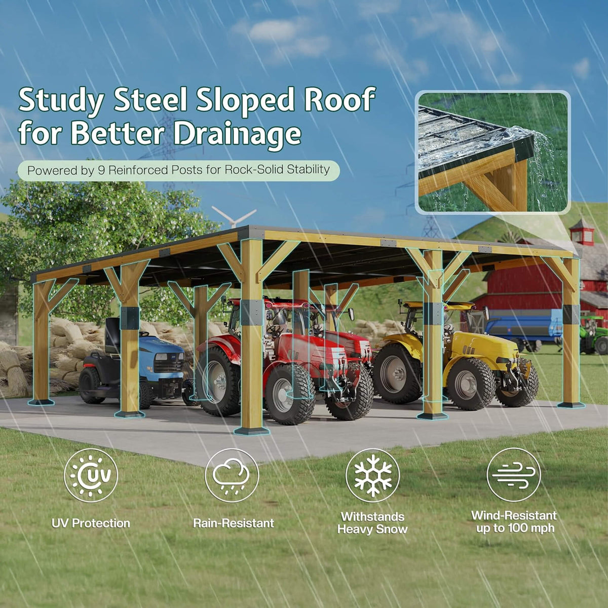 20x20ft Heavy-Duty Cedar Wood Carport with Galvanized Steel Roof