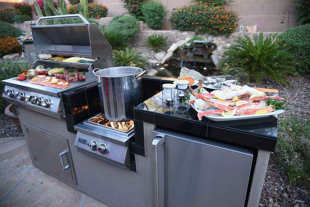 KoKoMo 7'6" BBQ Island with 4-Burner Grill, Wok Burner & Refrigerator