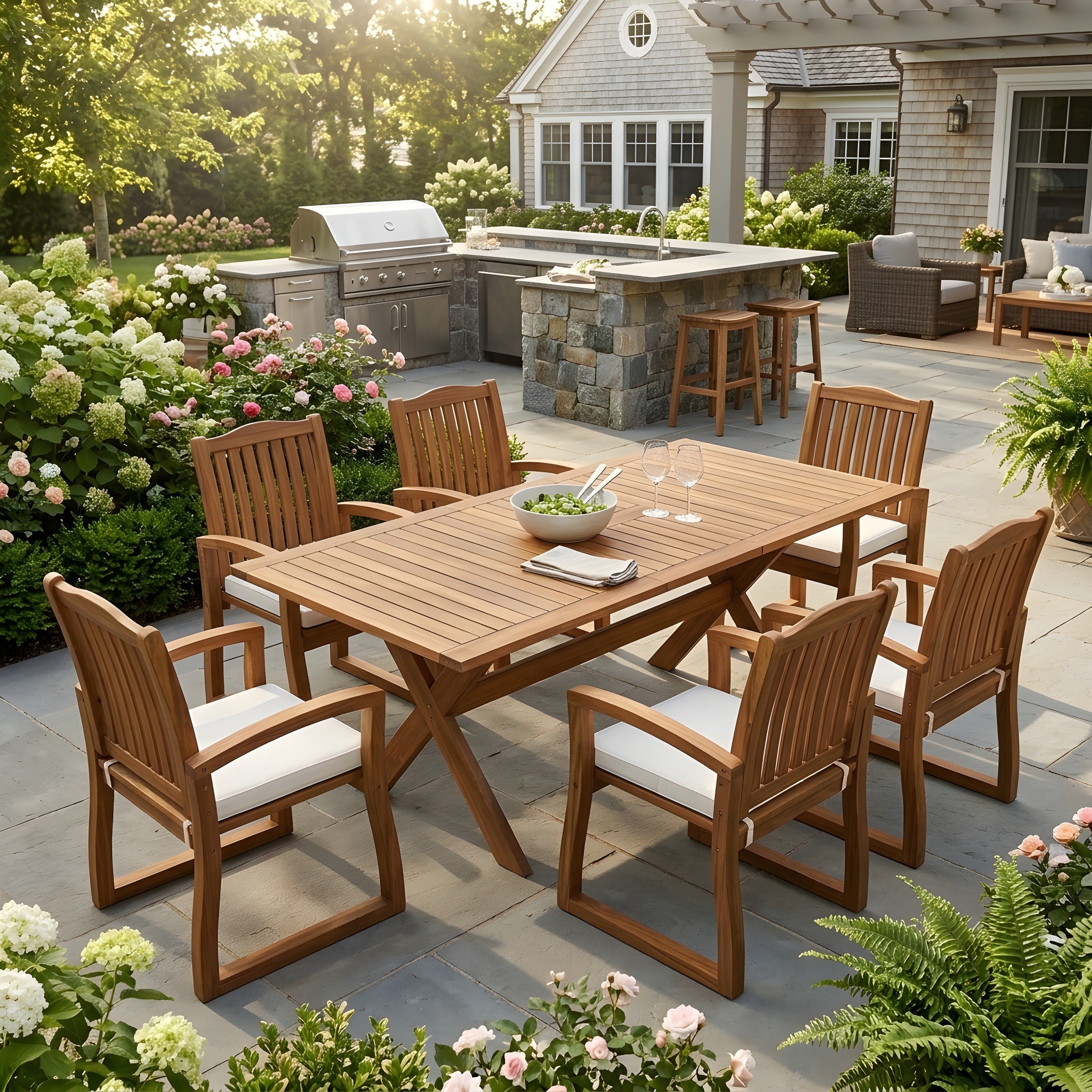 7-Piece Acacia Wood Outdoor Dining Set with Cushions