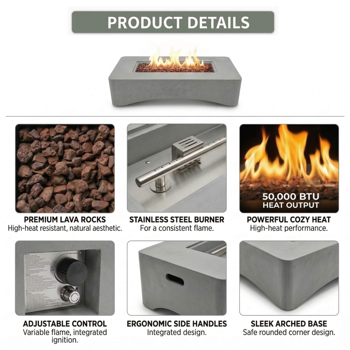 56-Inch 50,000 BTU Outdoor Modern Propane Fire Pit Table