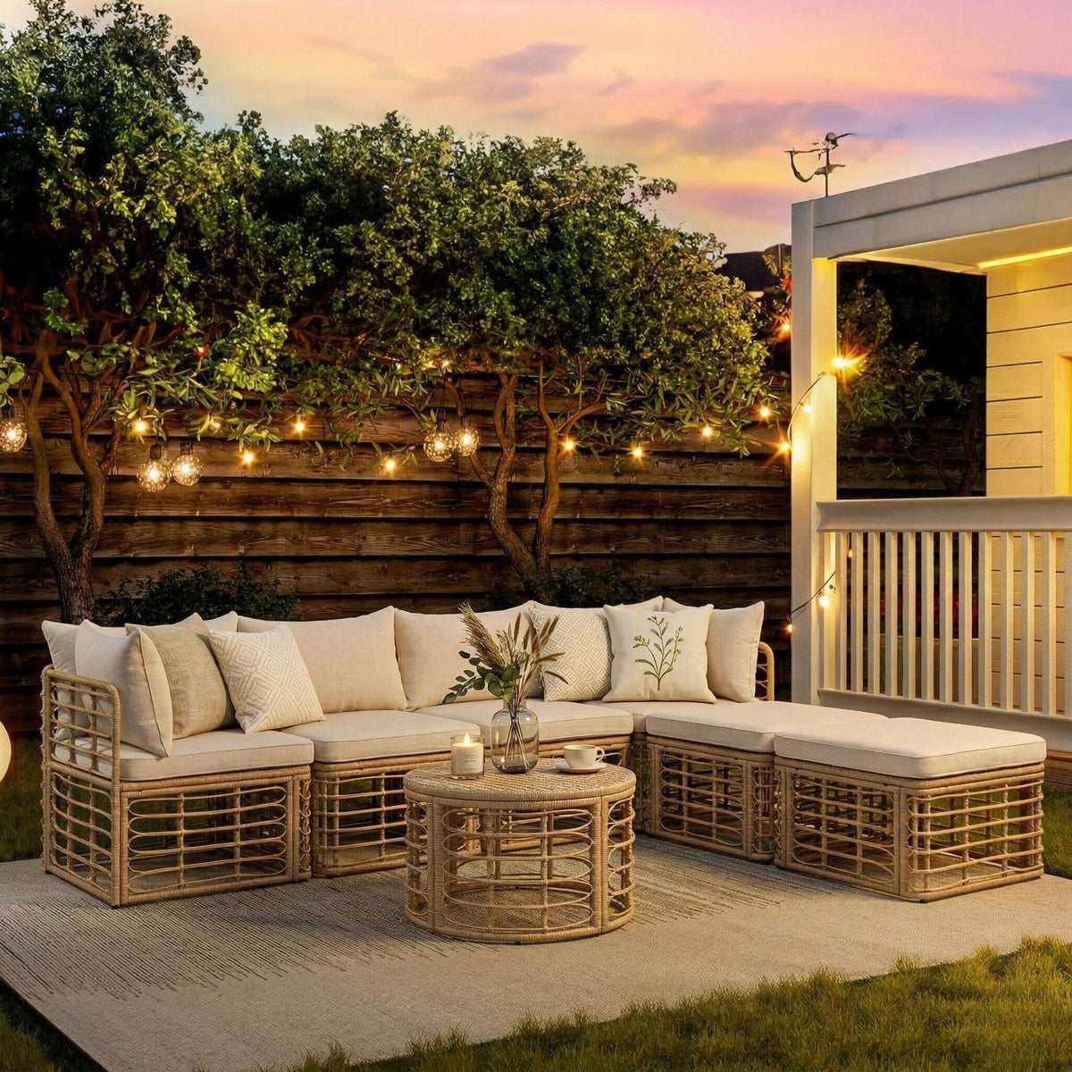 7-Piece Outdoor All-Weather Rattan Patio Sofa Set with Cushions