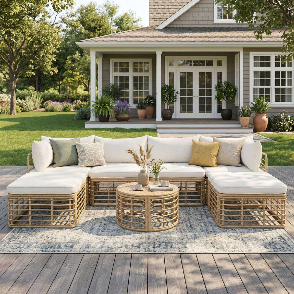 7-Piece Outdoor All-Weather Rattan Patio Sofa Set with Cushions