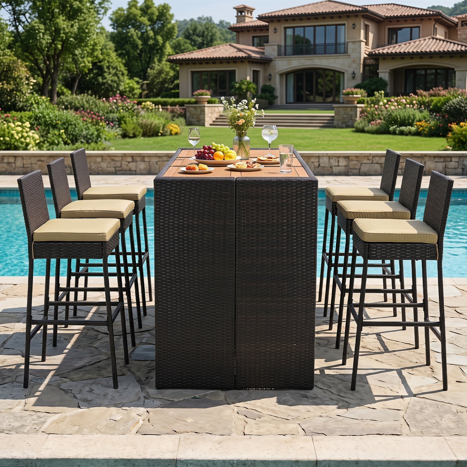 7-Piece Outdoor Wicker Bar Set with Acacia Wood Table & Stools