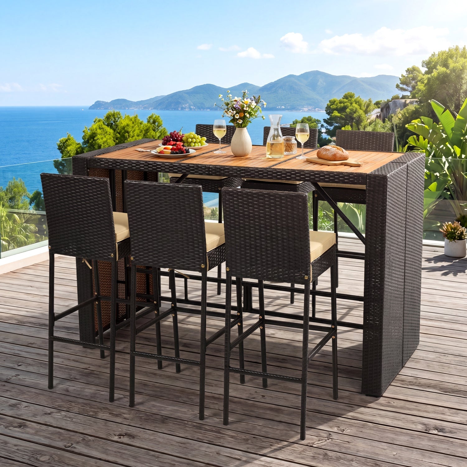 7-Piece Outdoor Wicker Bar Set with Acacia Wood Table & Stools