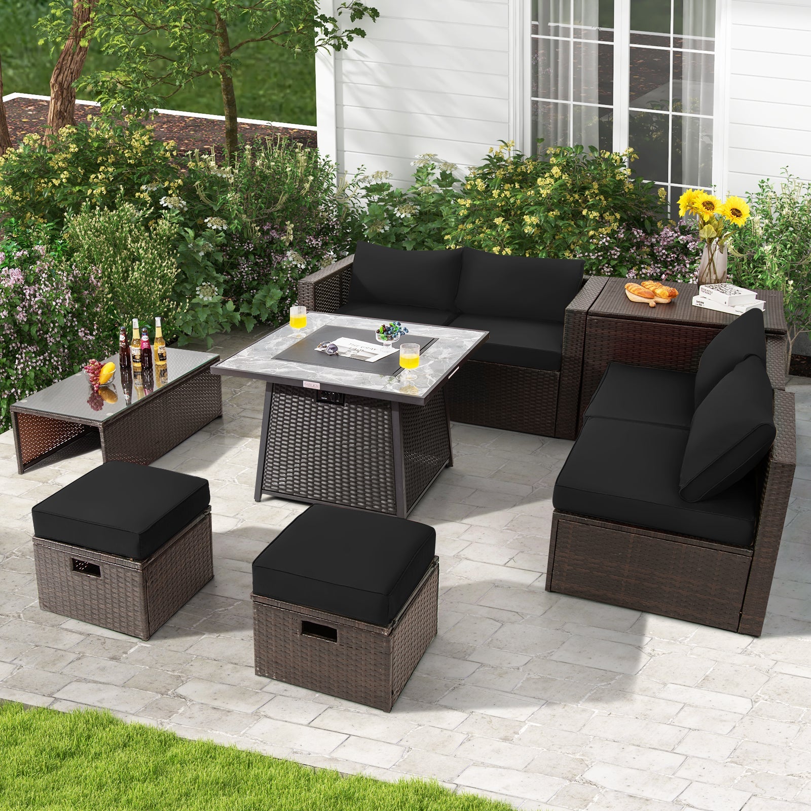 DirectDeals 9-Piece PE Wicker Sectional Set with Fire Pit Table