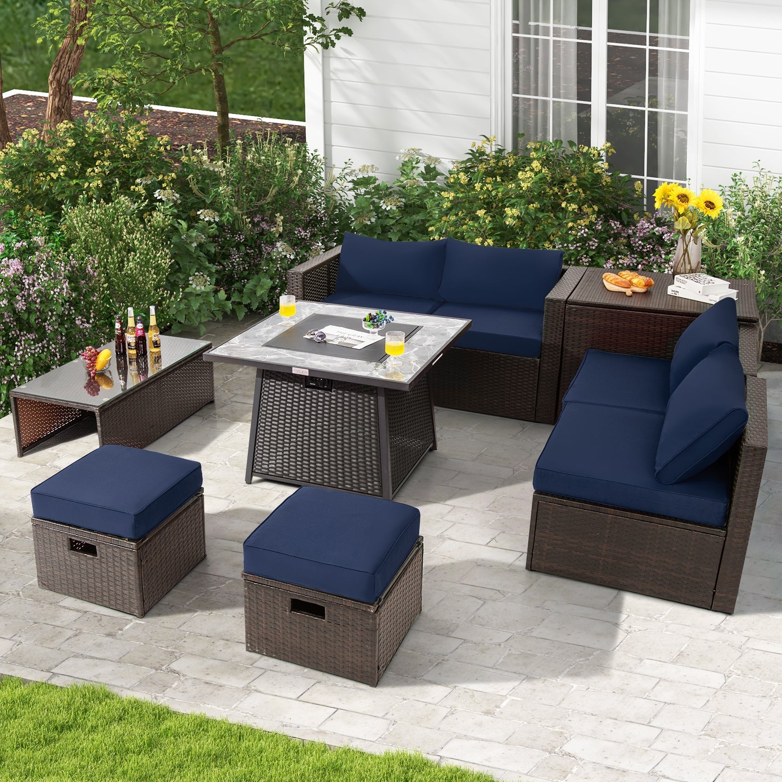 DirectDeals 9-Piece PE Wicker Sectional Set with Fire Pit Table