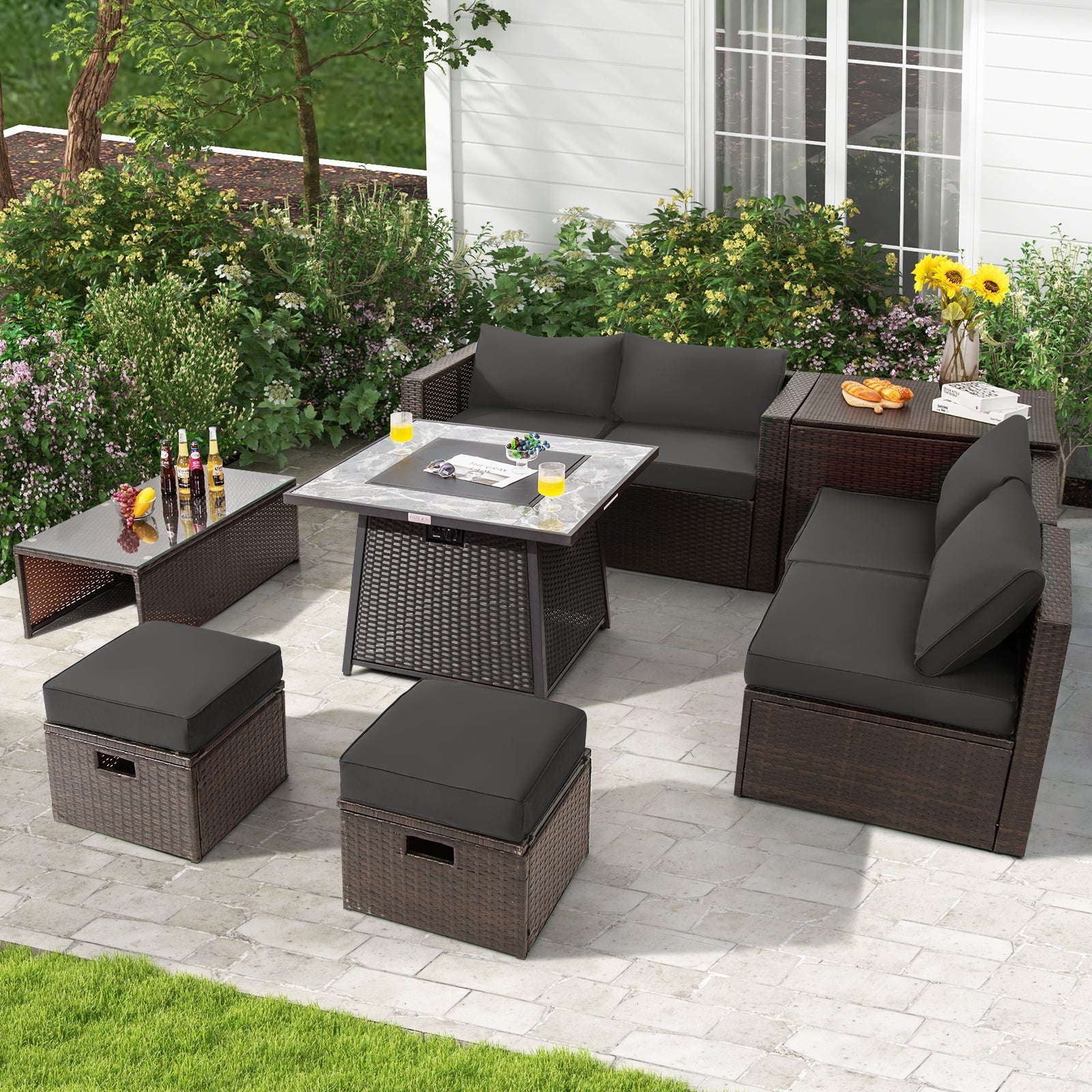 DirectDeals 9-Piece PE Wicker Sectional Set with Fire Pit Table