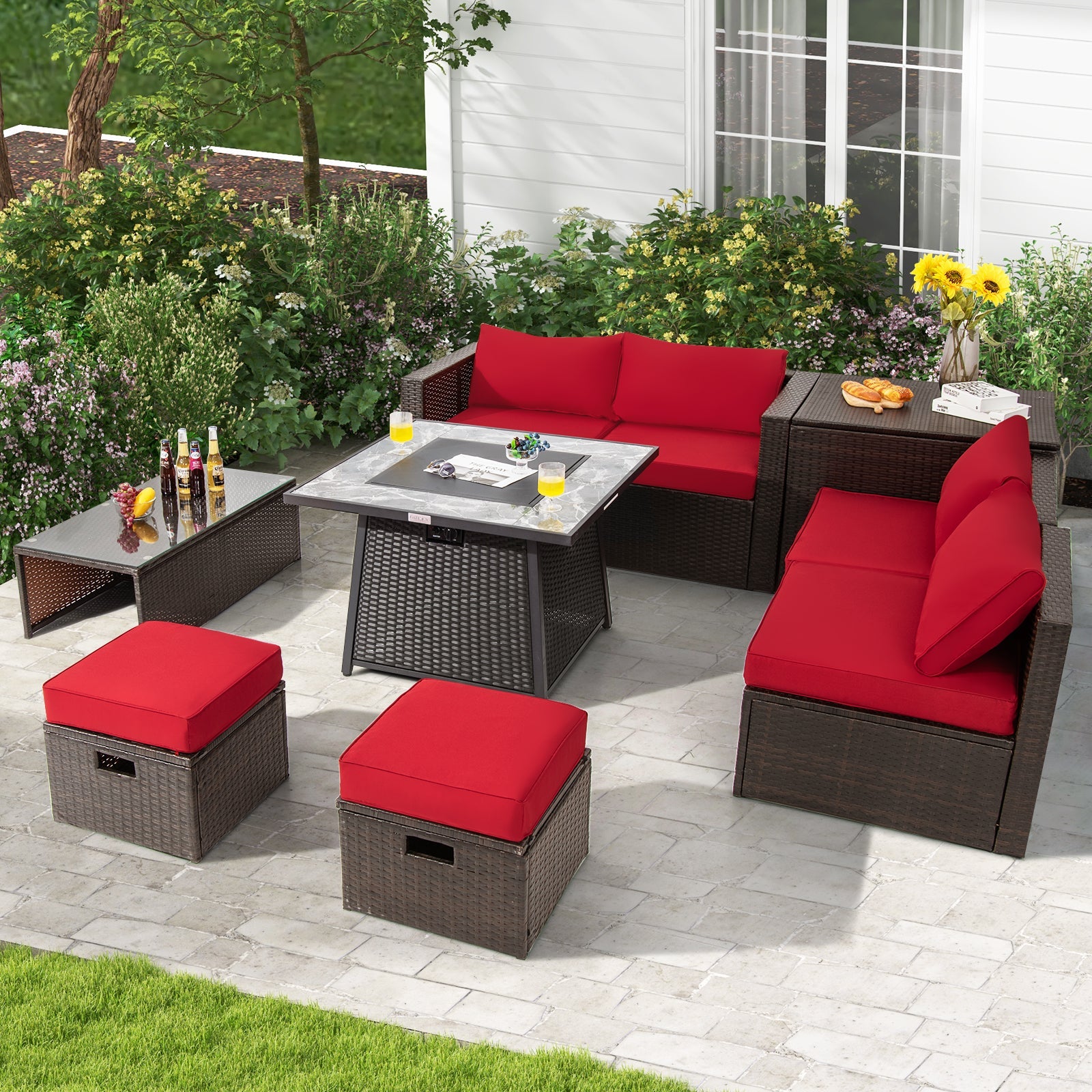 DirectDeals 9-Piece PE Wicker Sectional Set with Fire Pit Table