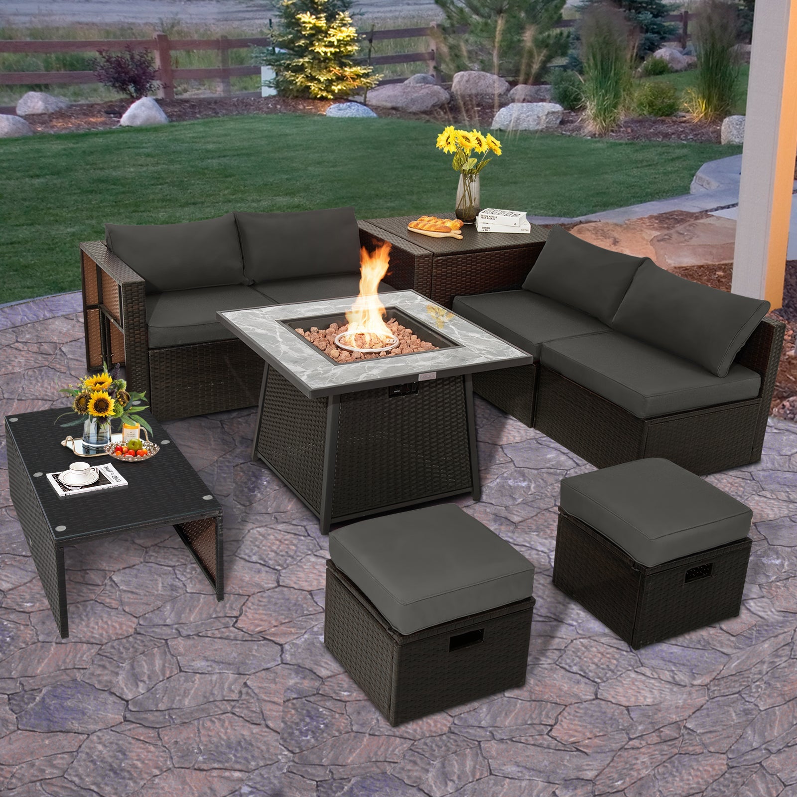 DirectDeals 9-Piece PE Wicker Sectional Set with Fire Pit Table