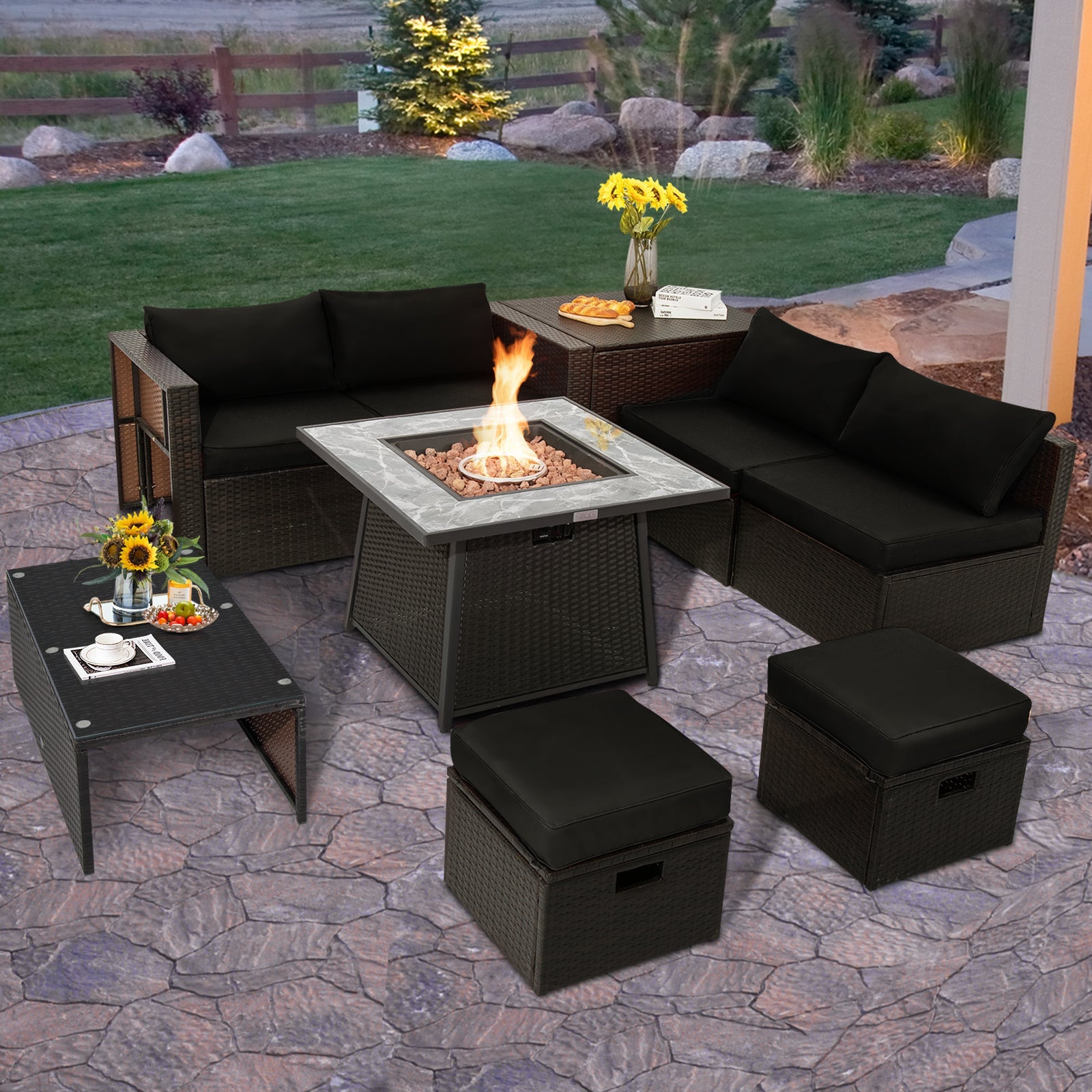 DirectDeals 9-Piece PE Wicker Sectional Set with Fire Pit Table