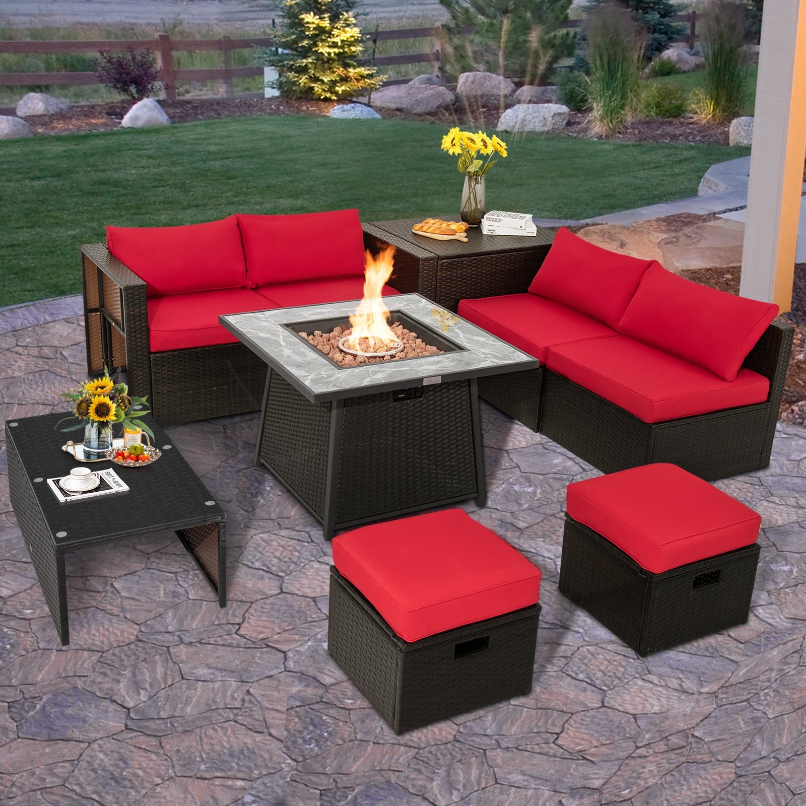 DirectDeals 9-Piece PE Wicker Sectional Set with Fire Pit Table