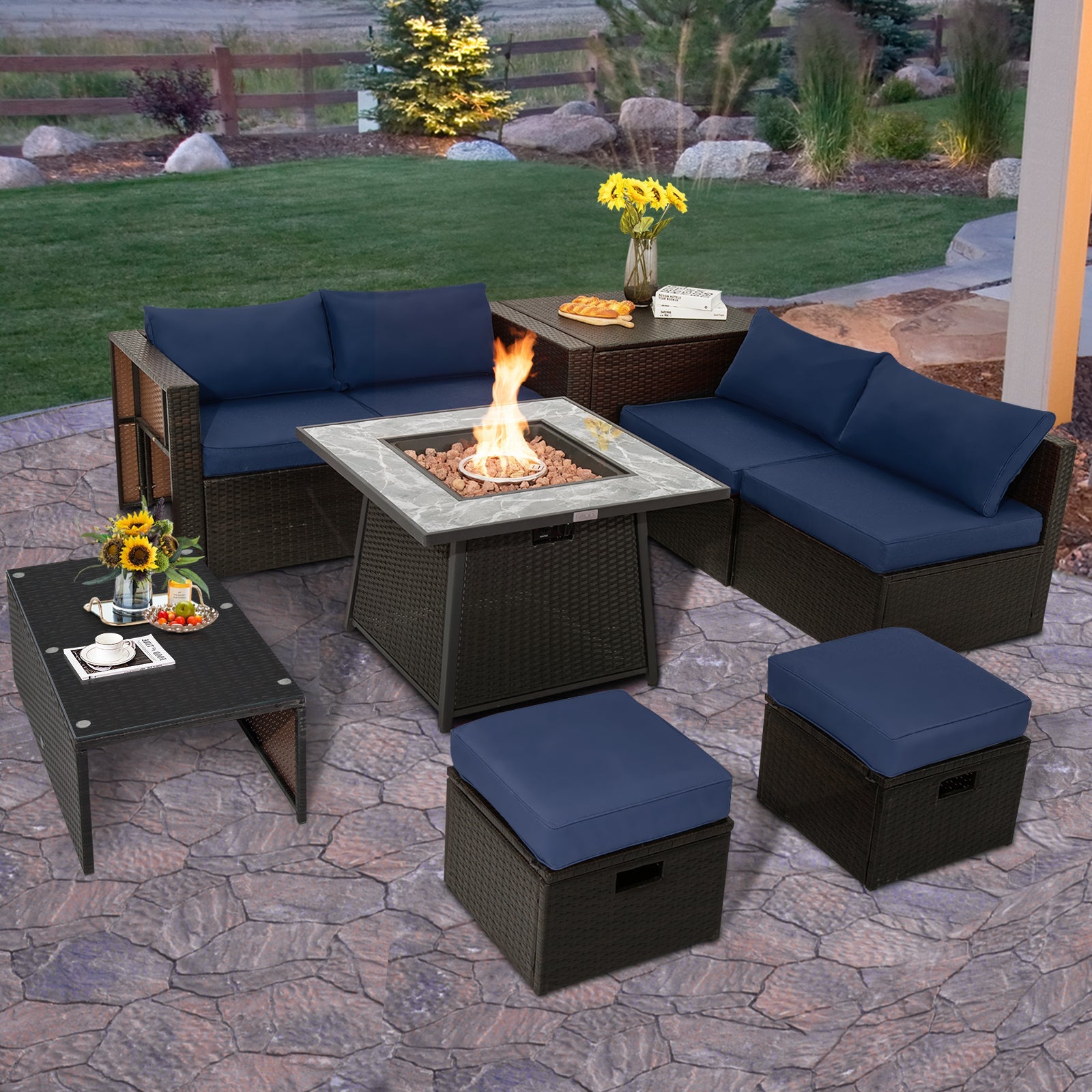 DirectDeals 9-Piece PE Wicker Sectional Set with Fire Pit Table