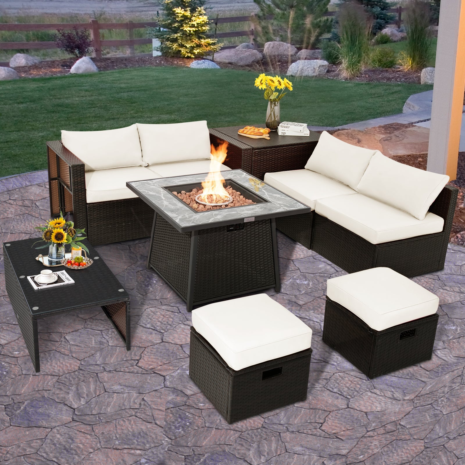DirectDeals 9-Piece PE Wicker Sectional Set with Fire Pit Table