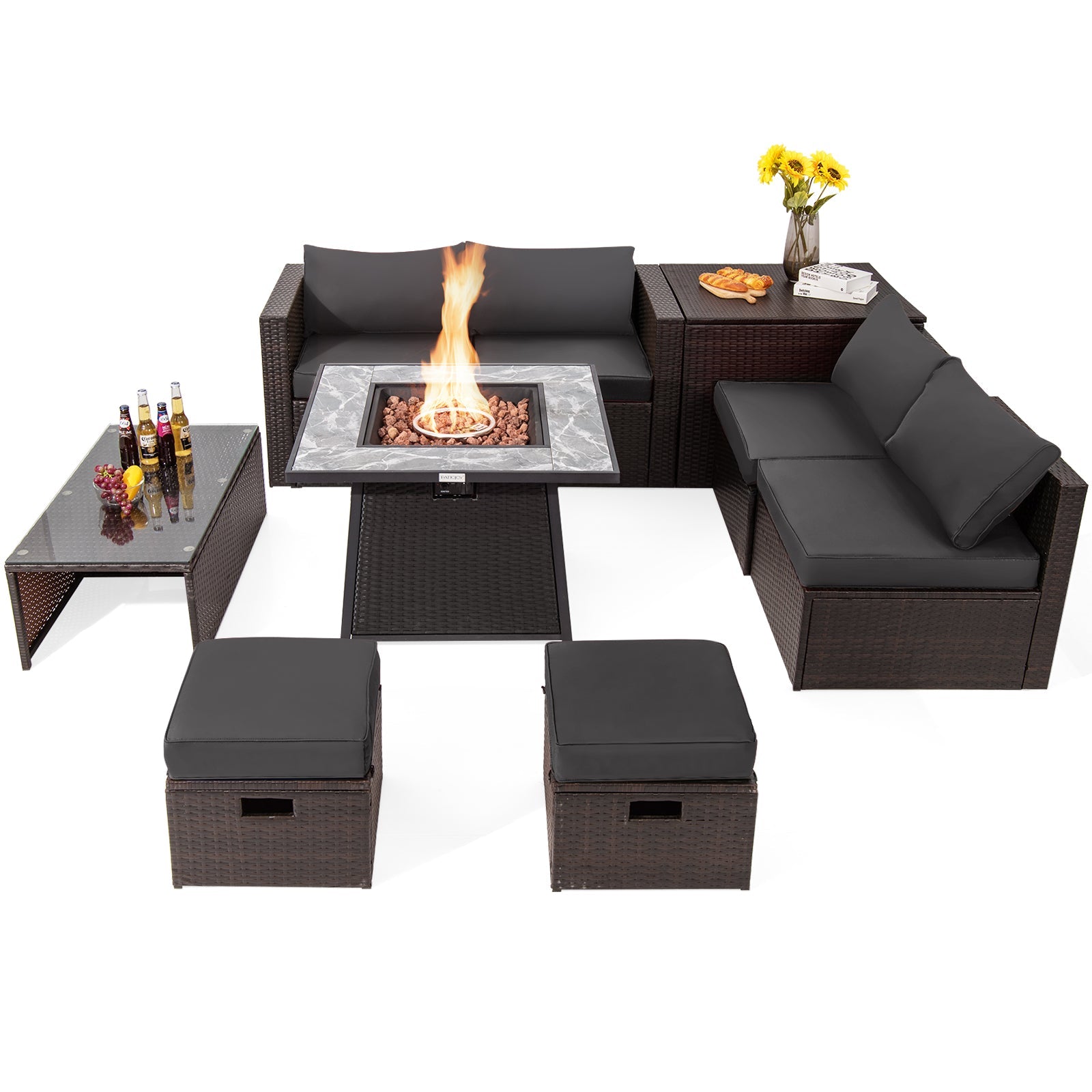 DirectDeals 9-Piece PE Wicker Sectional Set with Fire Pit Table
