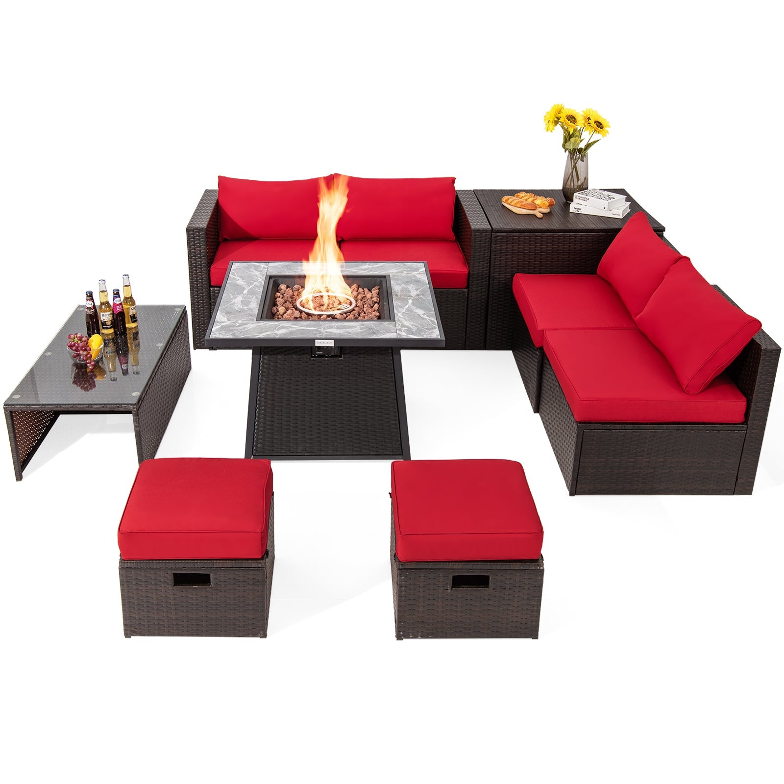 DirectDeals 9-Piece PE Wicker Sectional Set with Fire Pit Table