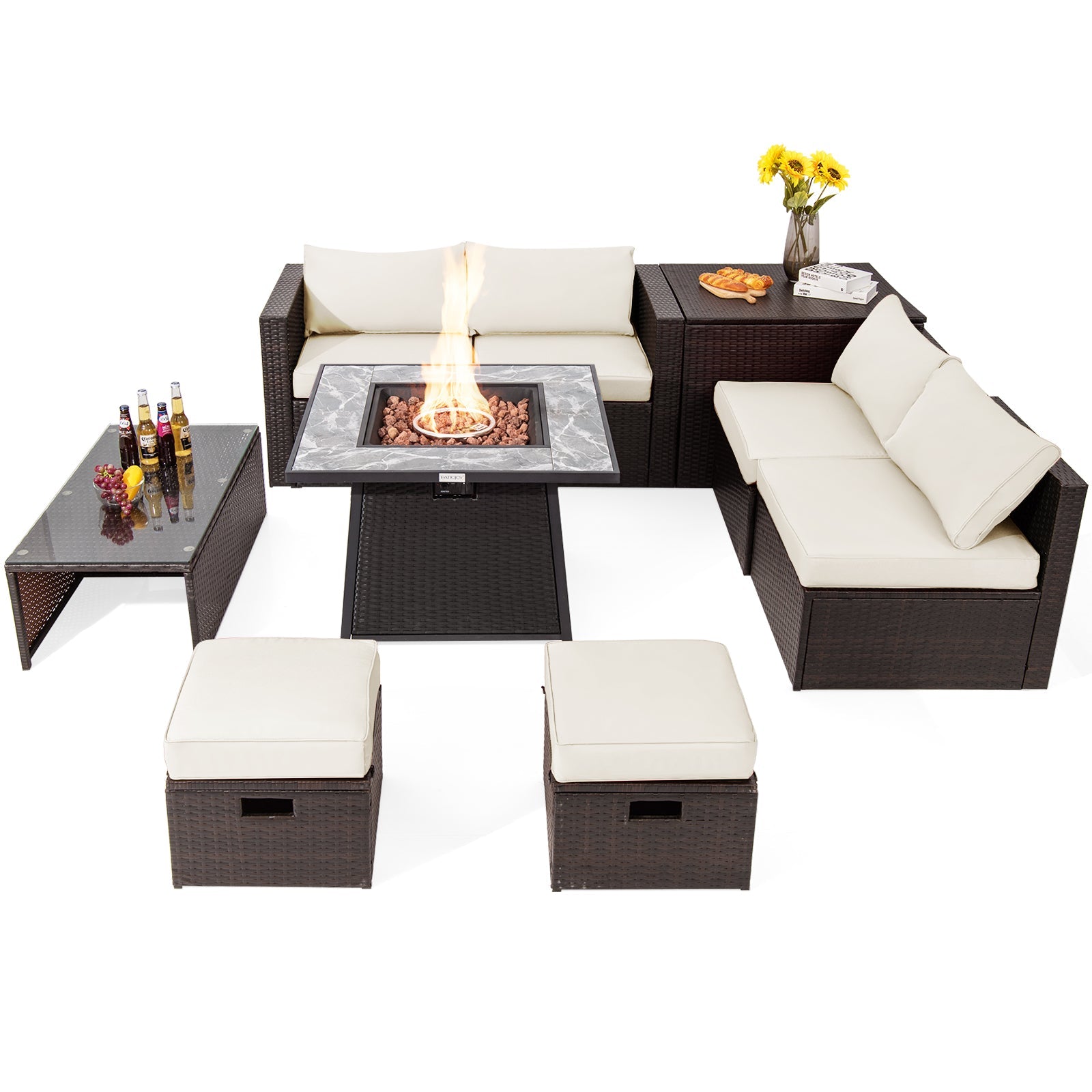 DirectDeals 9-Piece PE Wicker Sectional Set with Fire Pit Table