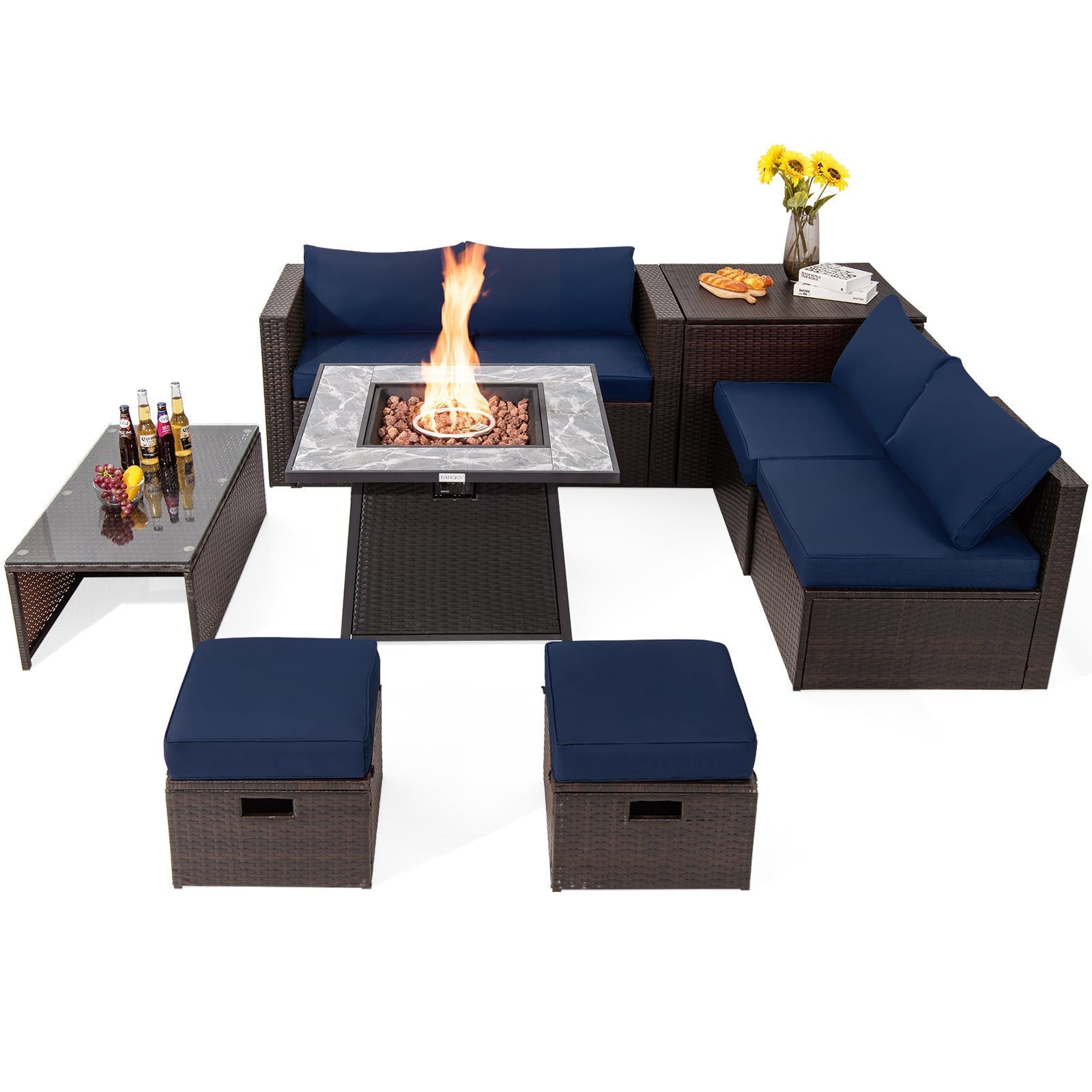 DirectDeals 9-Piece PE Wicker Sectional Set with Fire Pit Table