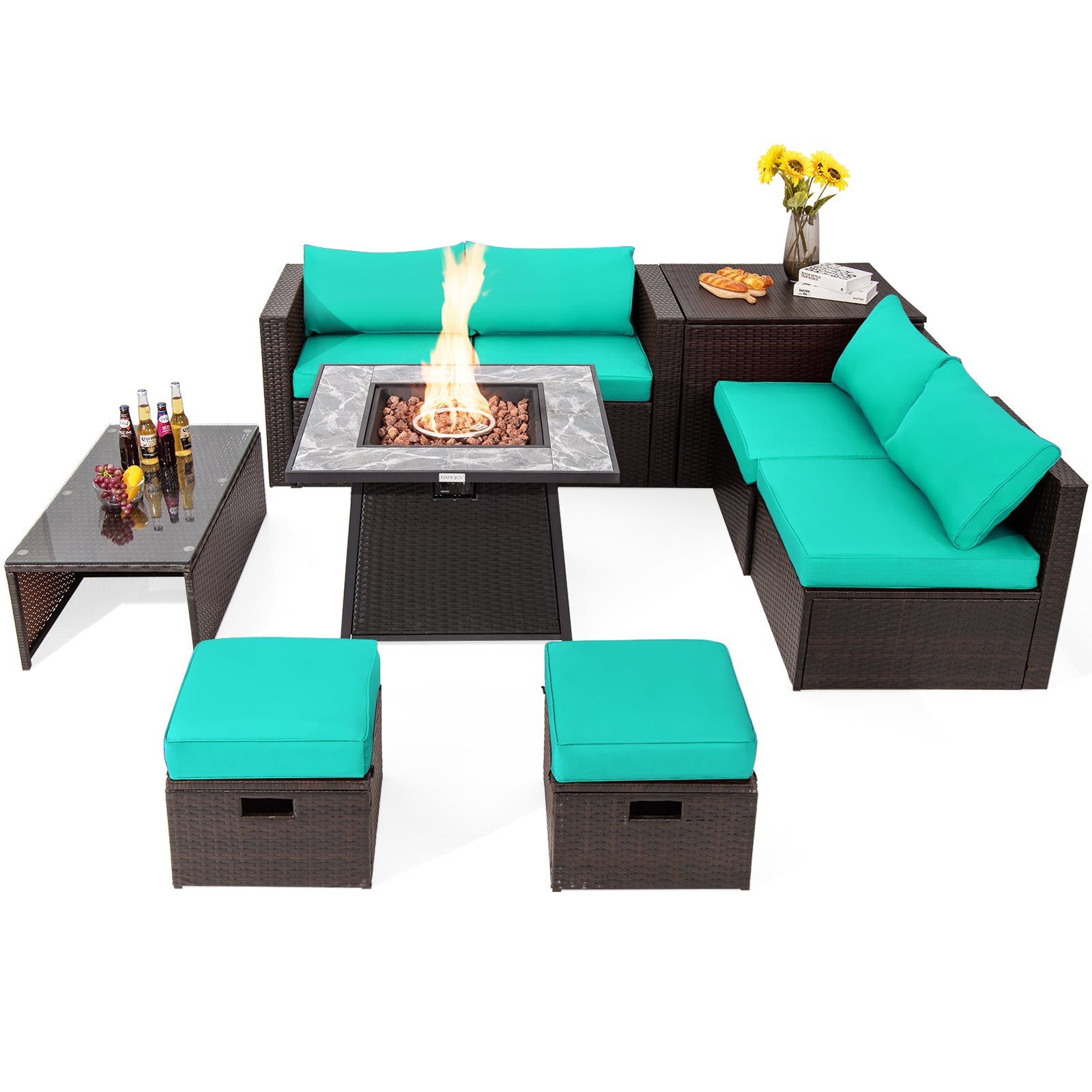 DirectDeals 9-Piece PE Wicker Sectional Set with Fire Pit Table