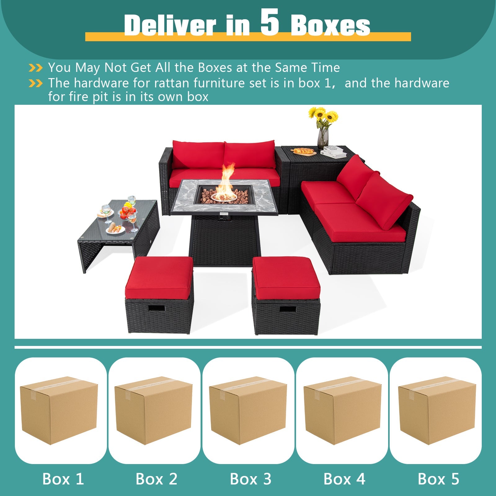 DirectDeals 9-Piece PE Wicker Sectional Set with Fire Pit Table