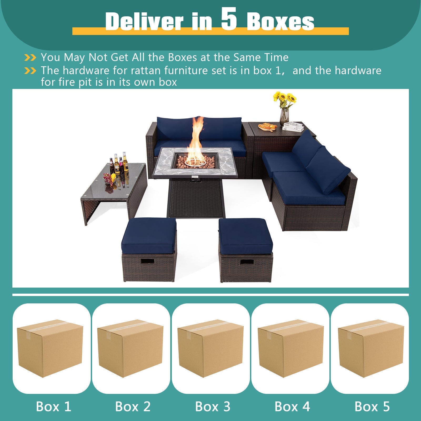 DirectDeals 9-Piece PE Wicker Sectional Set with Fire Pit Table