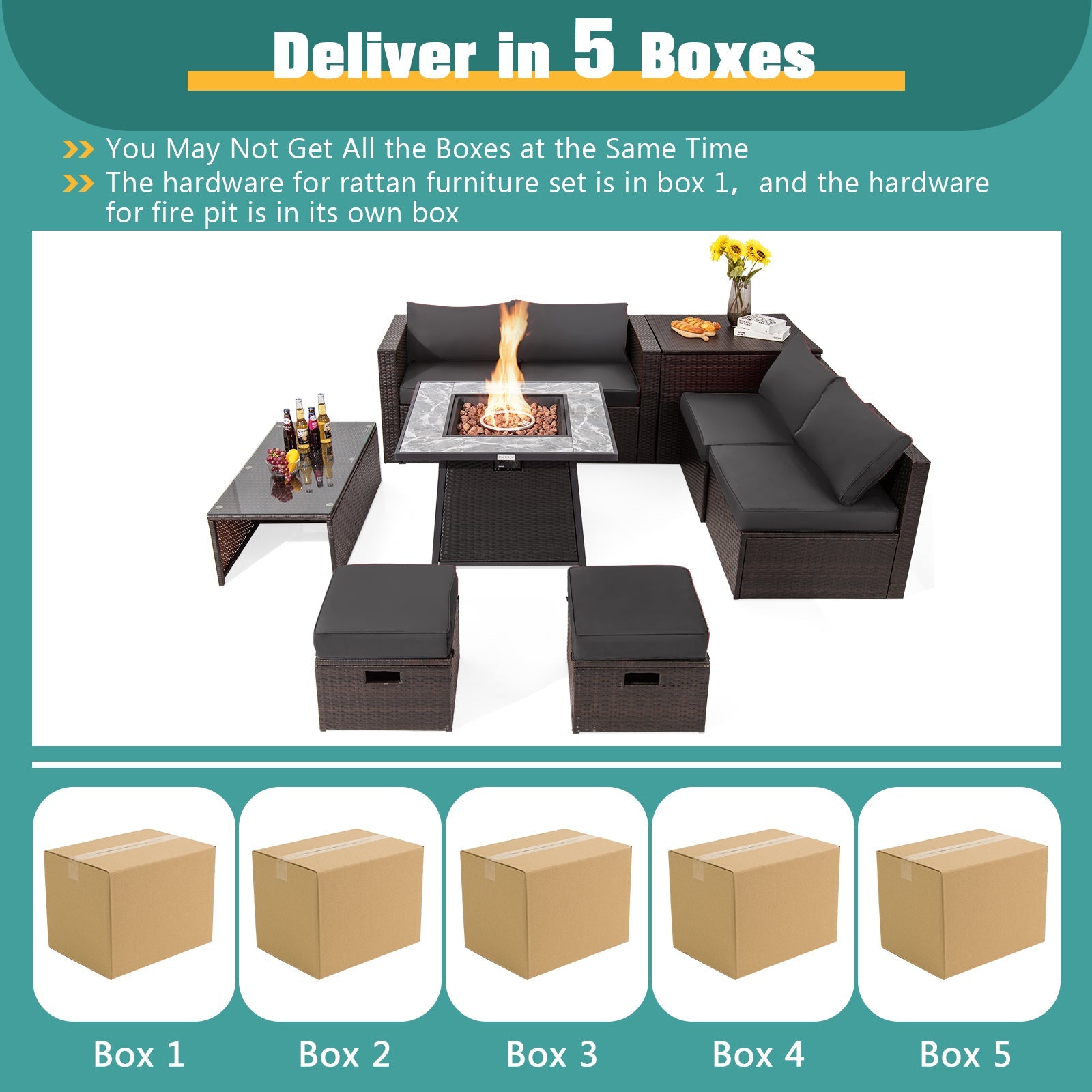 DirectDeals 9-Piece PE Wicker Sectional Set with Fire Pit Table